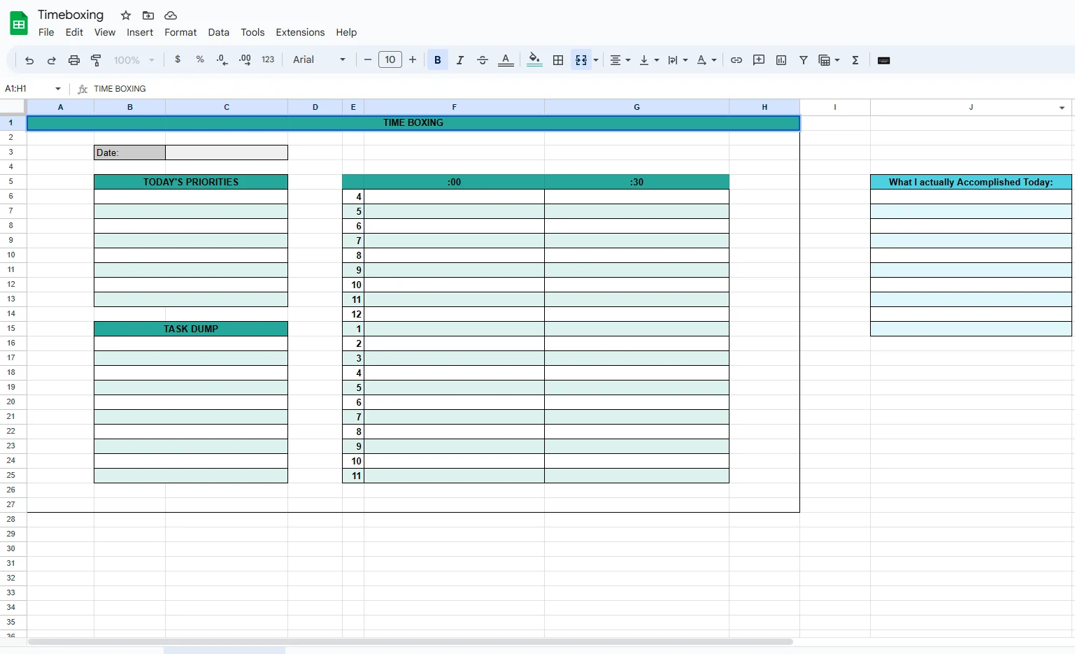Time Boxing Template Screenshot